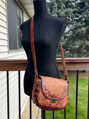 Mexican Hand Tooled Leather Purse Boho Handbag Floral Western Saddle Bag